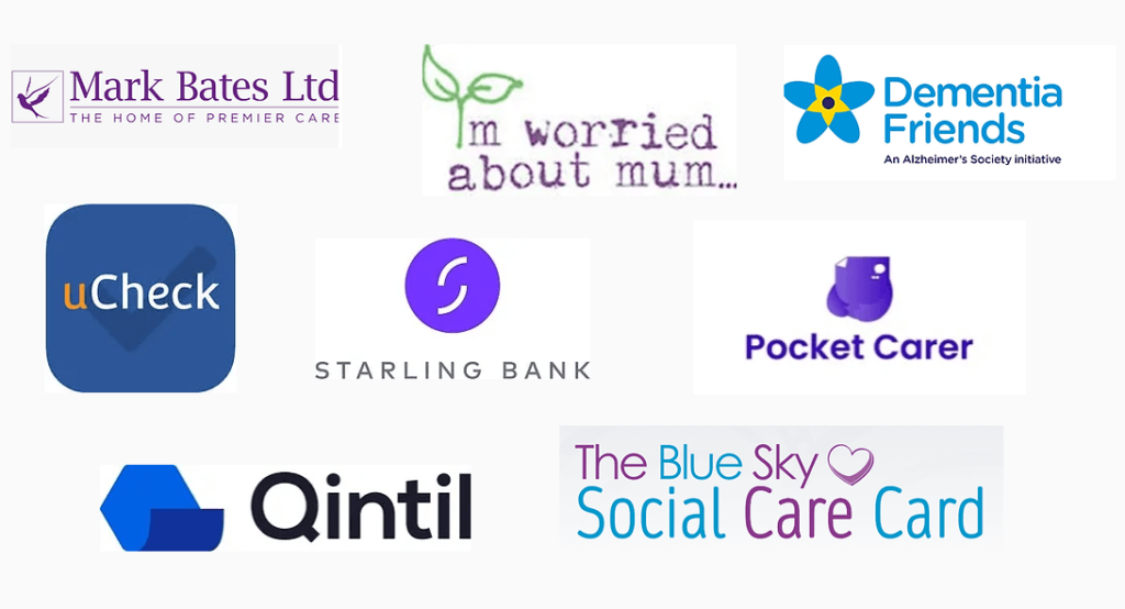 Professional Carers Network carer image of elderly client and family sponsors and clients logos